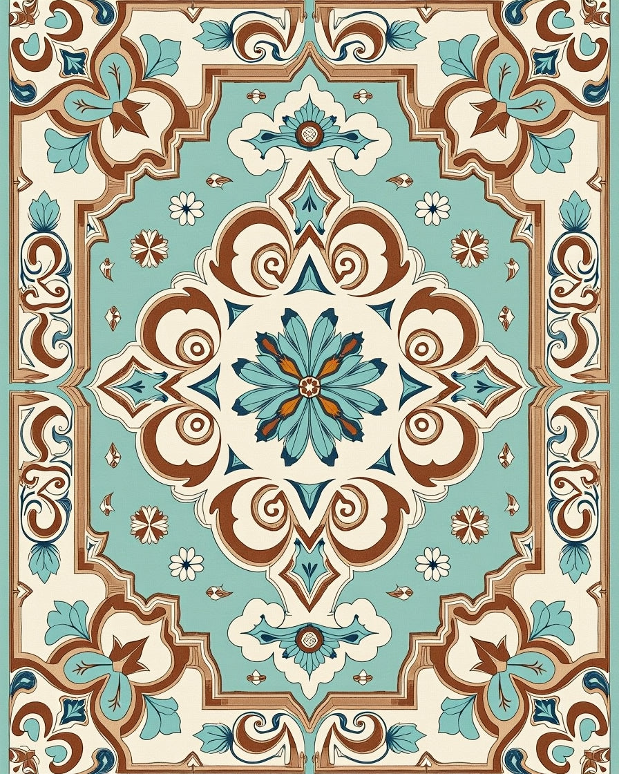 Ornate Floral Medallion Teal Brown Rug