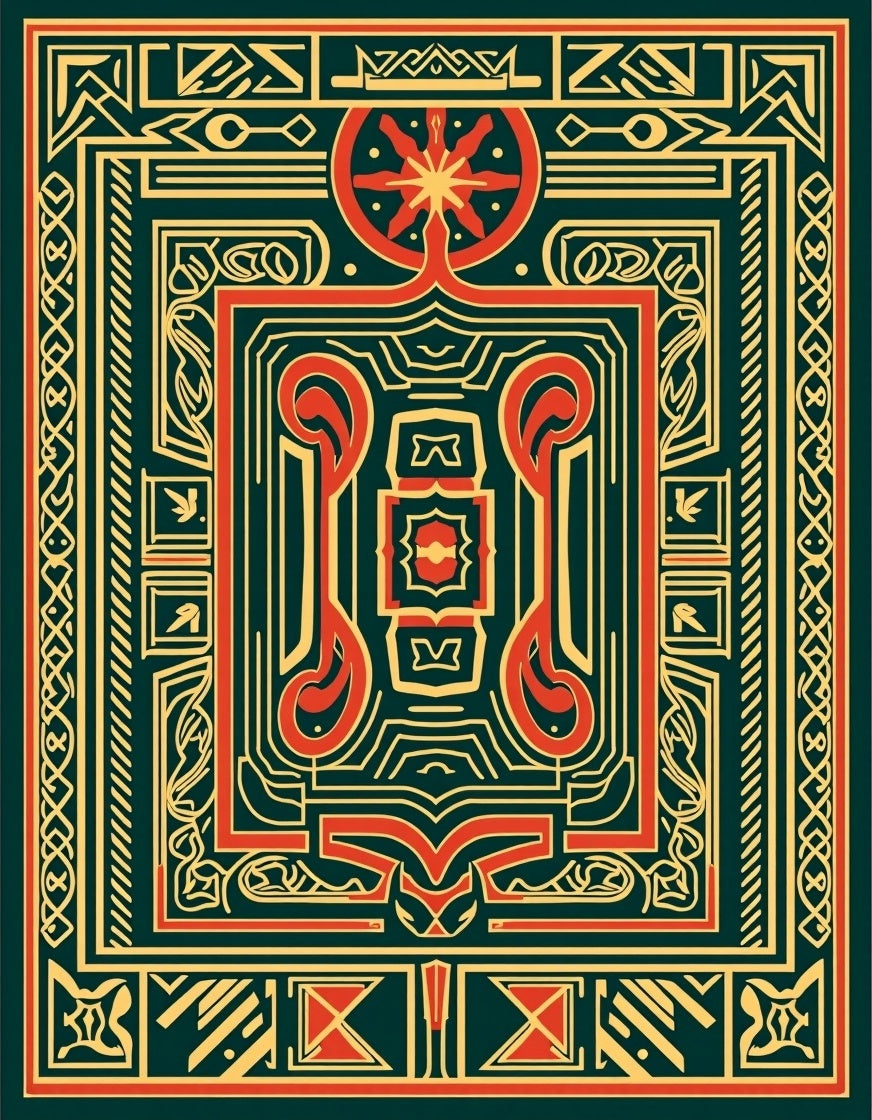 Intricate Red Gold Geometric Pattern Rug