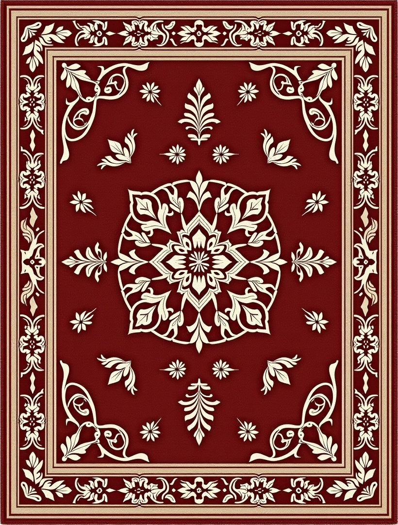 Deep Red Floral Medallion Design Rug
