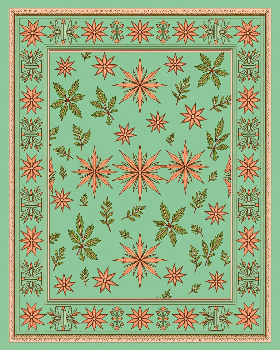 Coral Starburst Floral Garden Green Rug