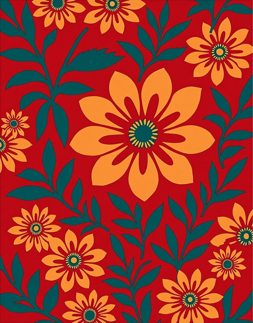 Bold Floral Pattern On Red Background Rug