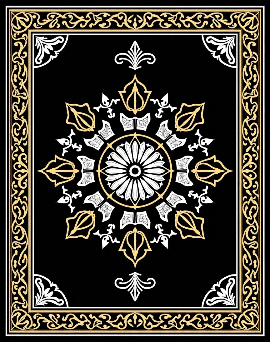 Elegant Black Gold Floral Medallion Rug