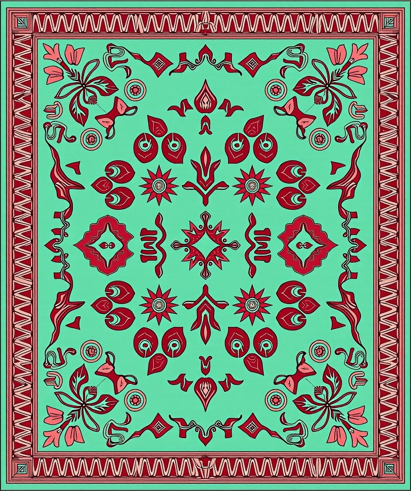 Aqua And Red Floral Mandala Design Rug