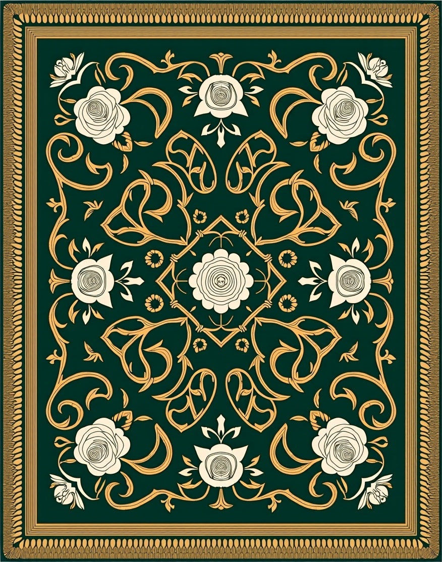 Ornate Green Rose Scroll Work Rug