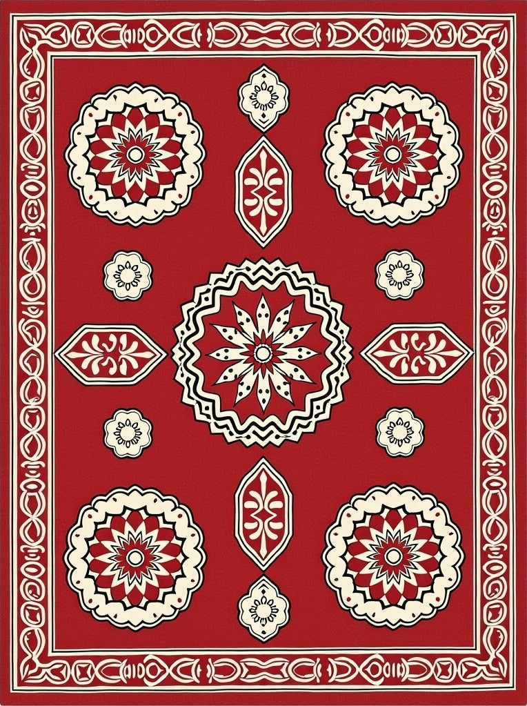 Bright Red Floral Medallion Pattern Rug