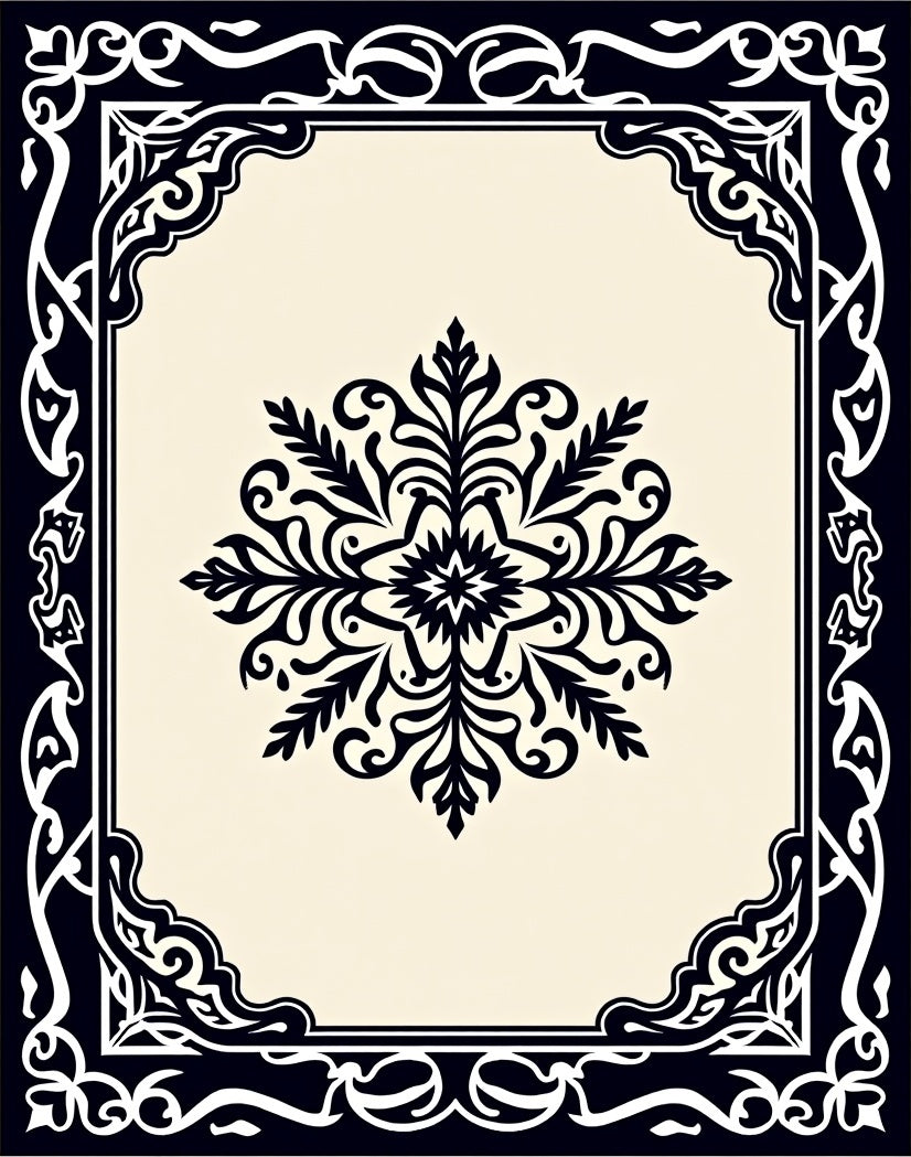 Intricate Black Floral Frame Design Rug