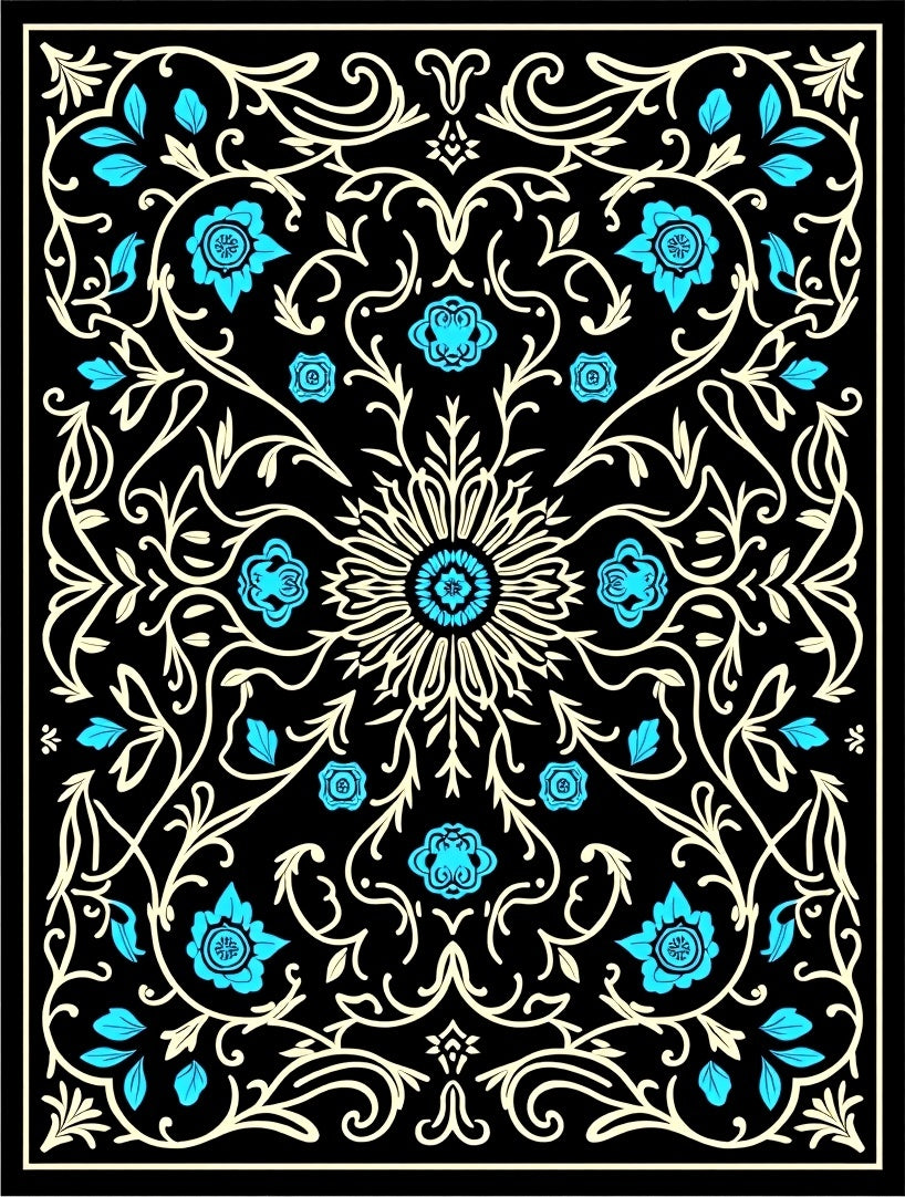 Black Teal Floral Scrollwork Pattern Rug