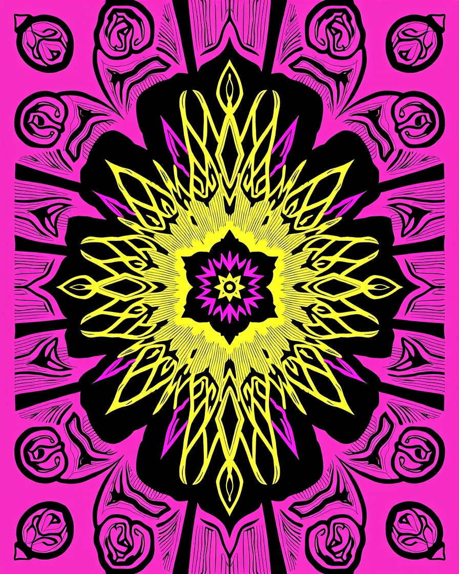 Vivid Hot Pink Yellow Floral Medallion Rug