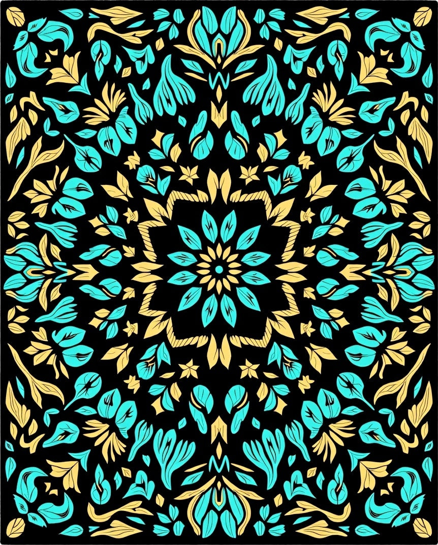 Aqua Gold Floral Mandala Design Rug