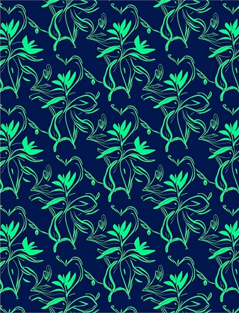 Navy Bright Green Organic Floral Pattern Rug