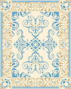 Cream Blue Golden Swirl Floral Pattern Rug