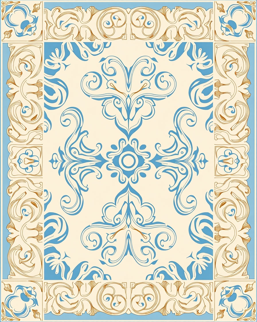 Cream Blue Golden Swirl Floral Pattern Rug