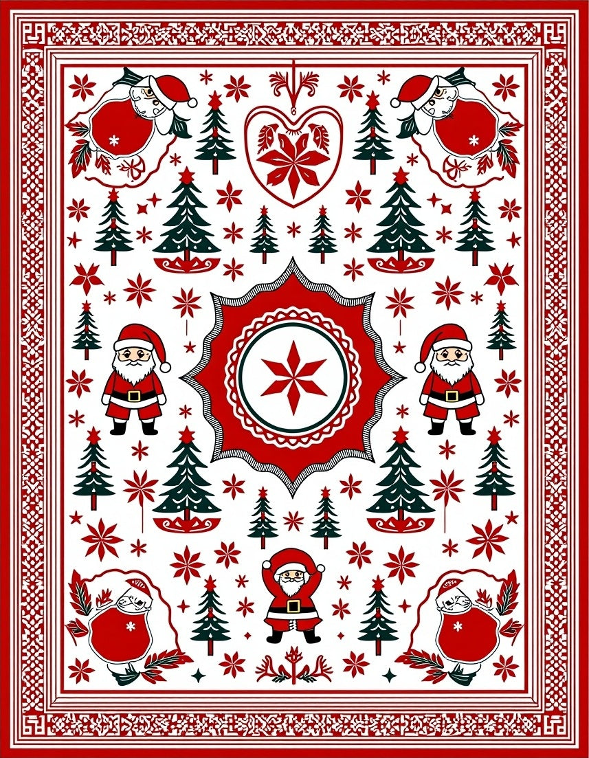 Christmas Santa Trees Medallion Border Rug