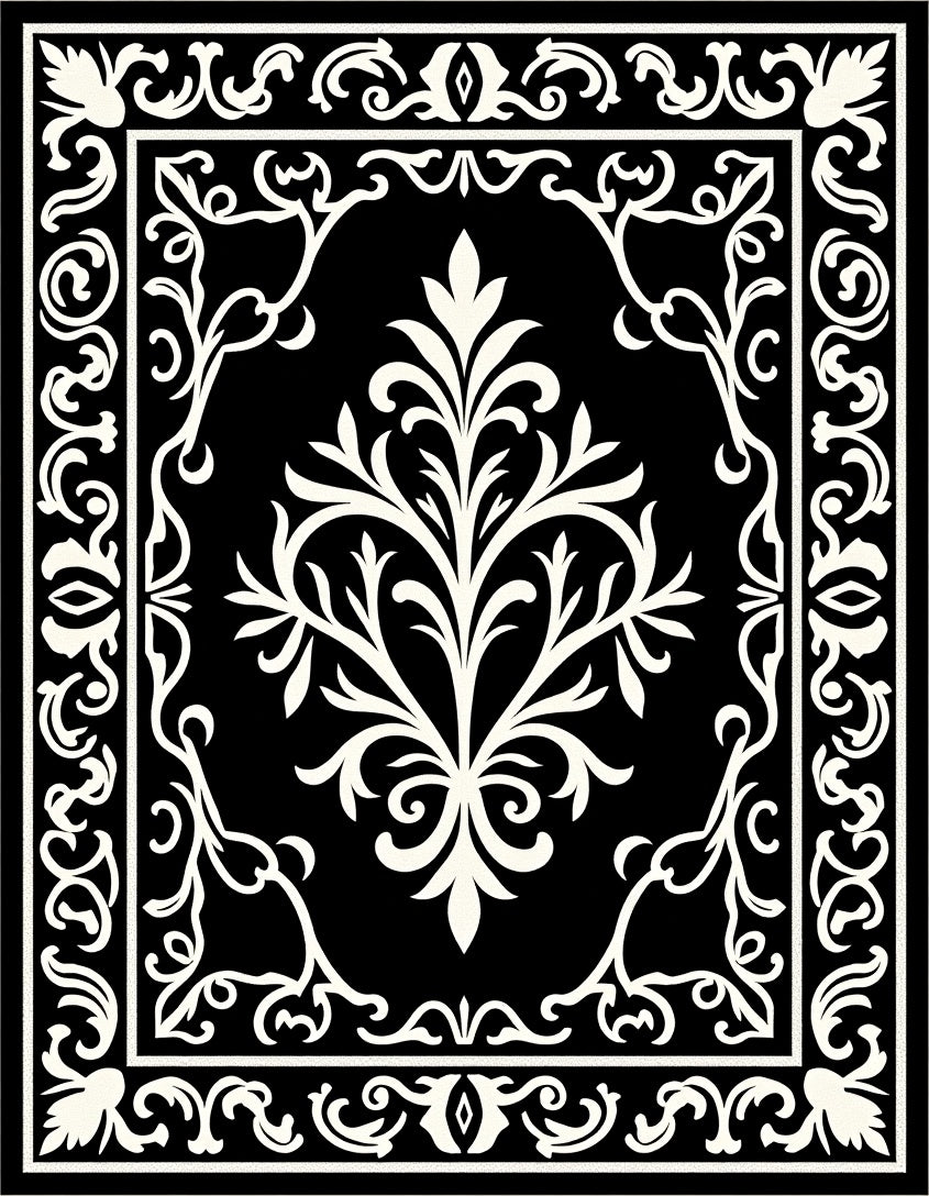 Ornate Black Cream Floral Pattern Rug