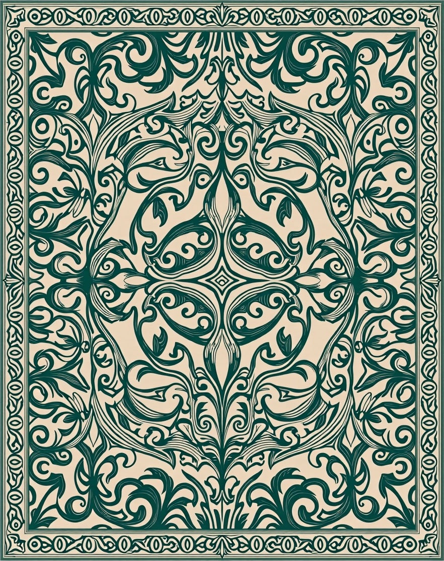 Ornate Teal Floral Scroll Pattern Rug