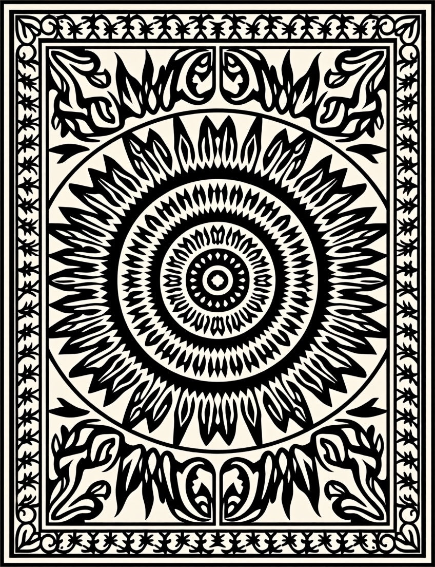 Ornate Sunburst Mandala Black and White Design Rug