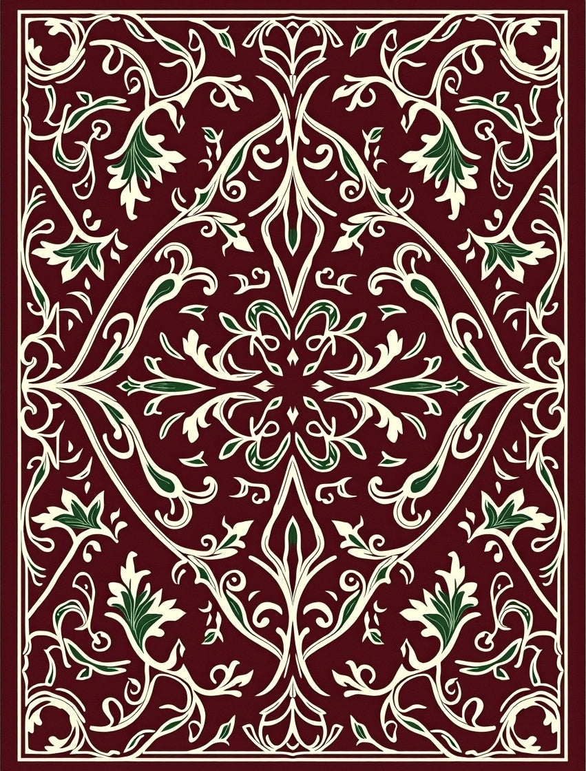 Rich Burgundy Floral Leaf Pattern Rug