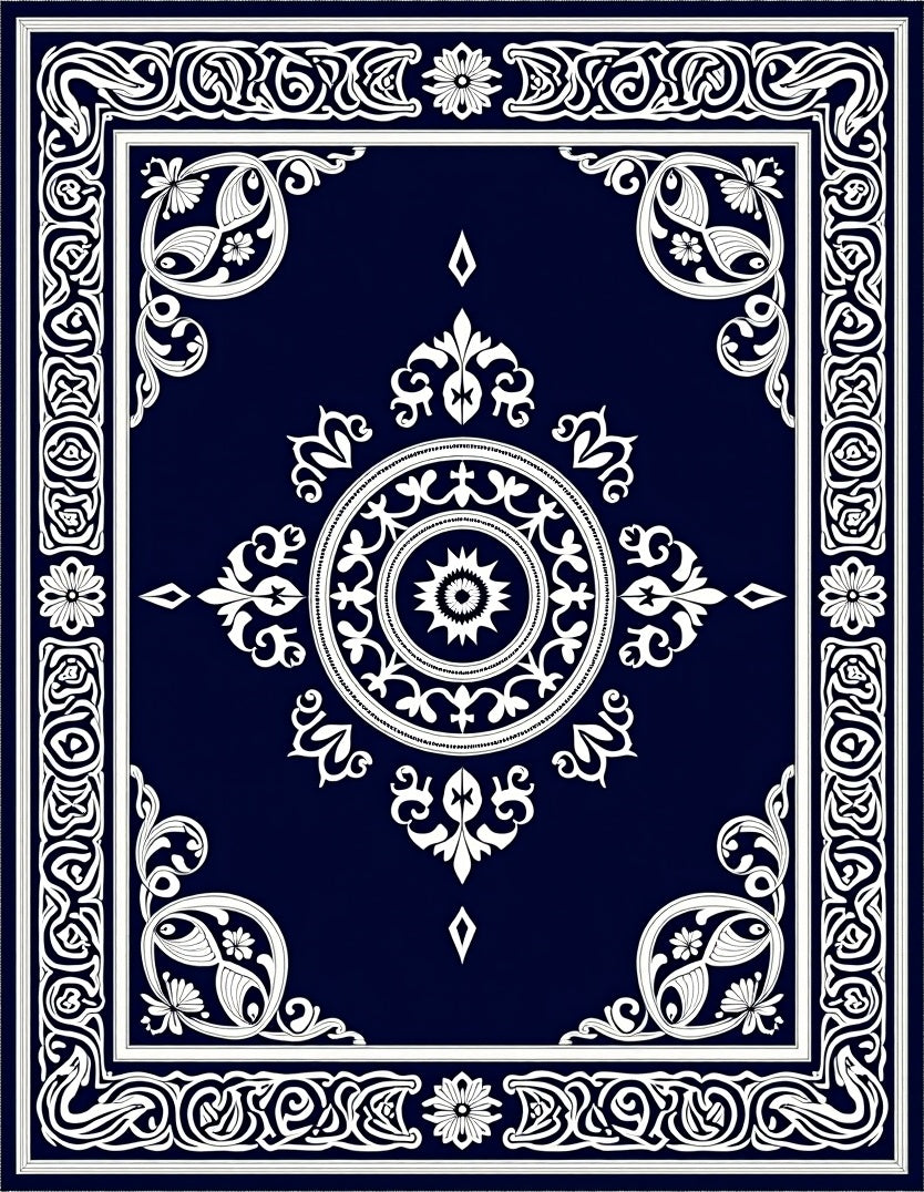 Intricate White Floral Medallion Border Rug