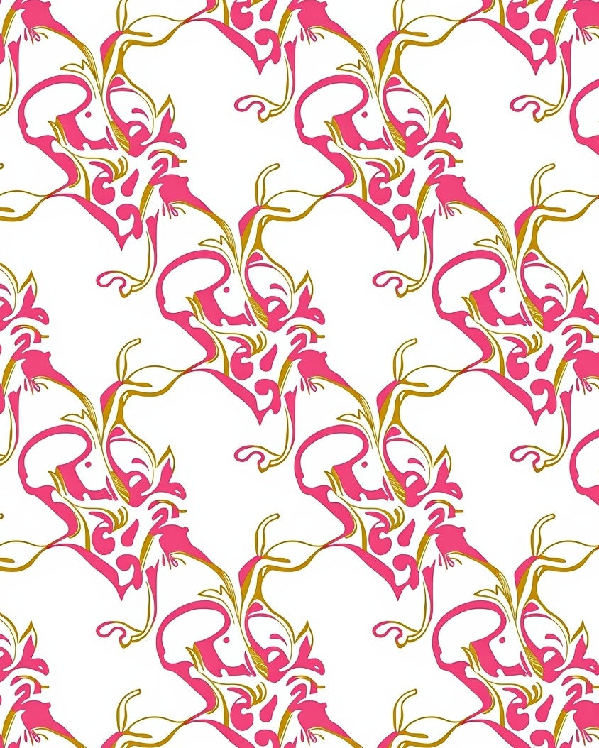Whimsical Pink Gold Floral Scroll Rug