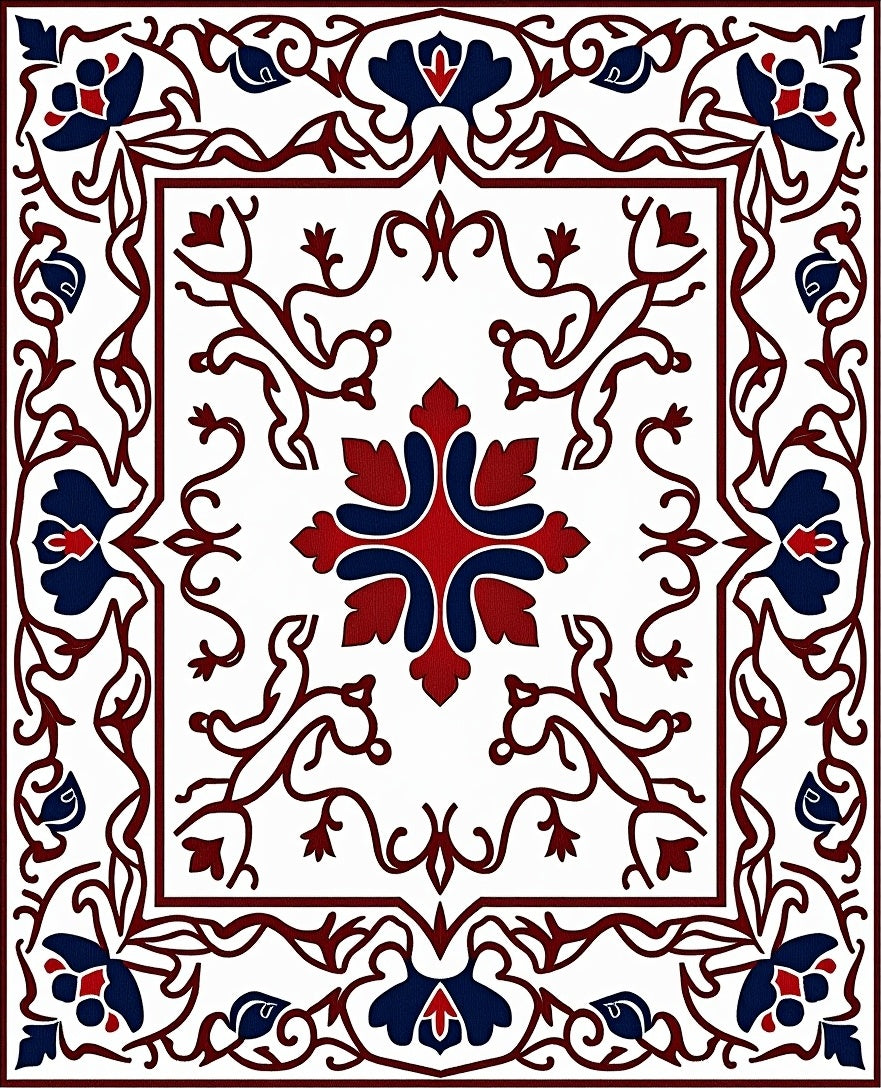 Classic Red Blue Floral Pattern Rug