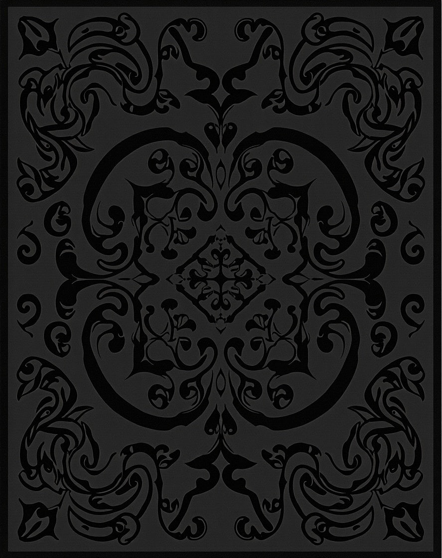 Dark Grey Ornate Scrollwork Patterned Rug