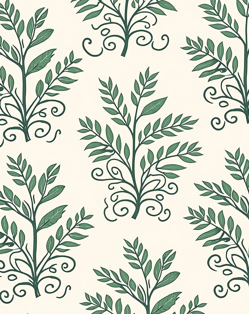 Chic Botanical Scrollwork Green Leaf Pattern Rug