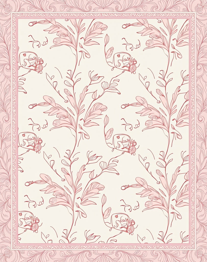 Delicate Pink Botanical Sketch Pattern Rug
