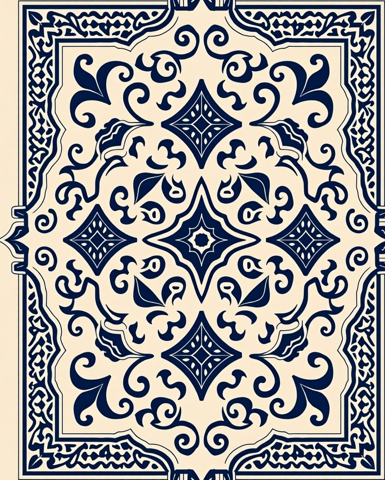 Ornate Indigo Floral Scroll Design Rug
