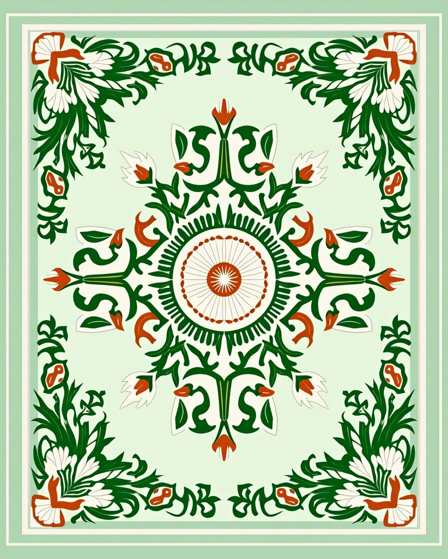 Green Red White Floral Medallion Design Rug