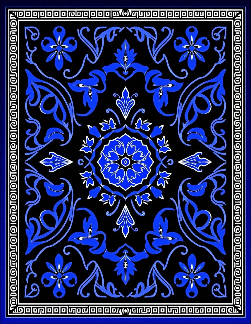Royal Blue Floral Bordered Pattern Rug