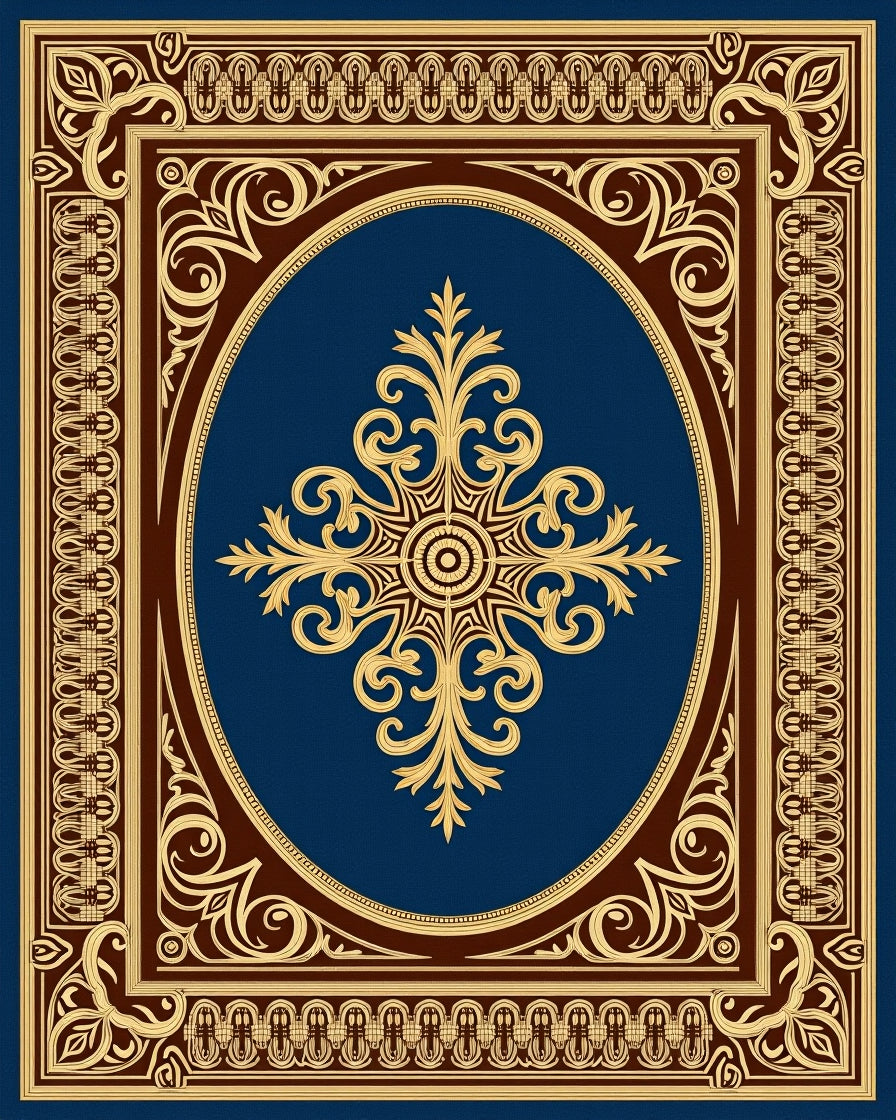 Ornate Blue Gold Floral Medallion Rug