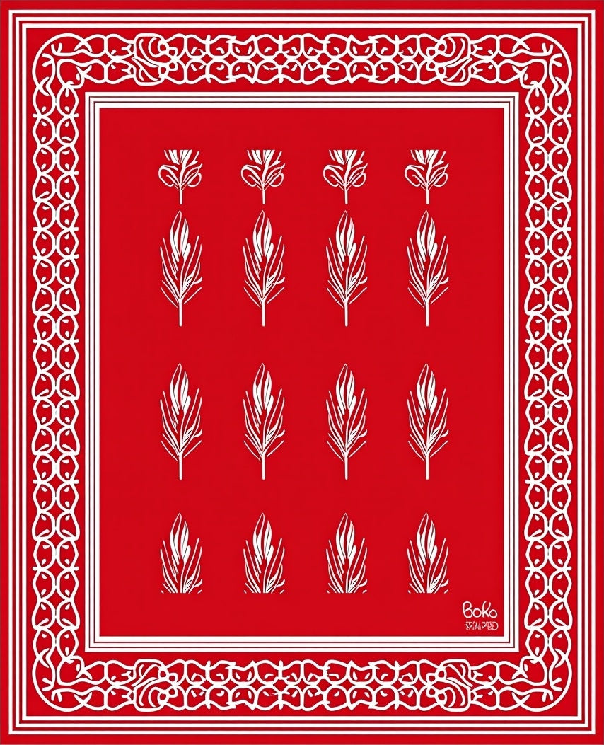 Red Feather Pattern With Boho Border Rug