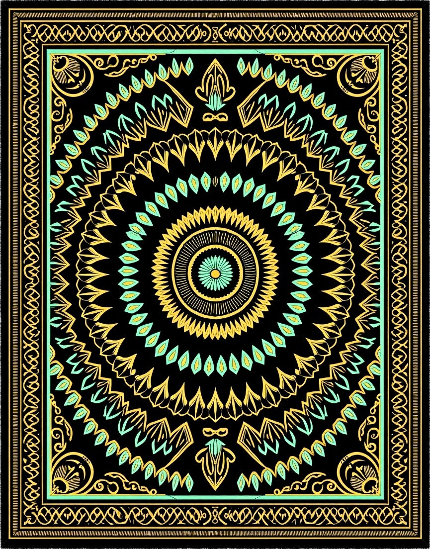Black Gold Teal Medallion Pattern Rug
