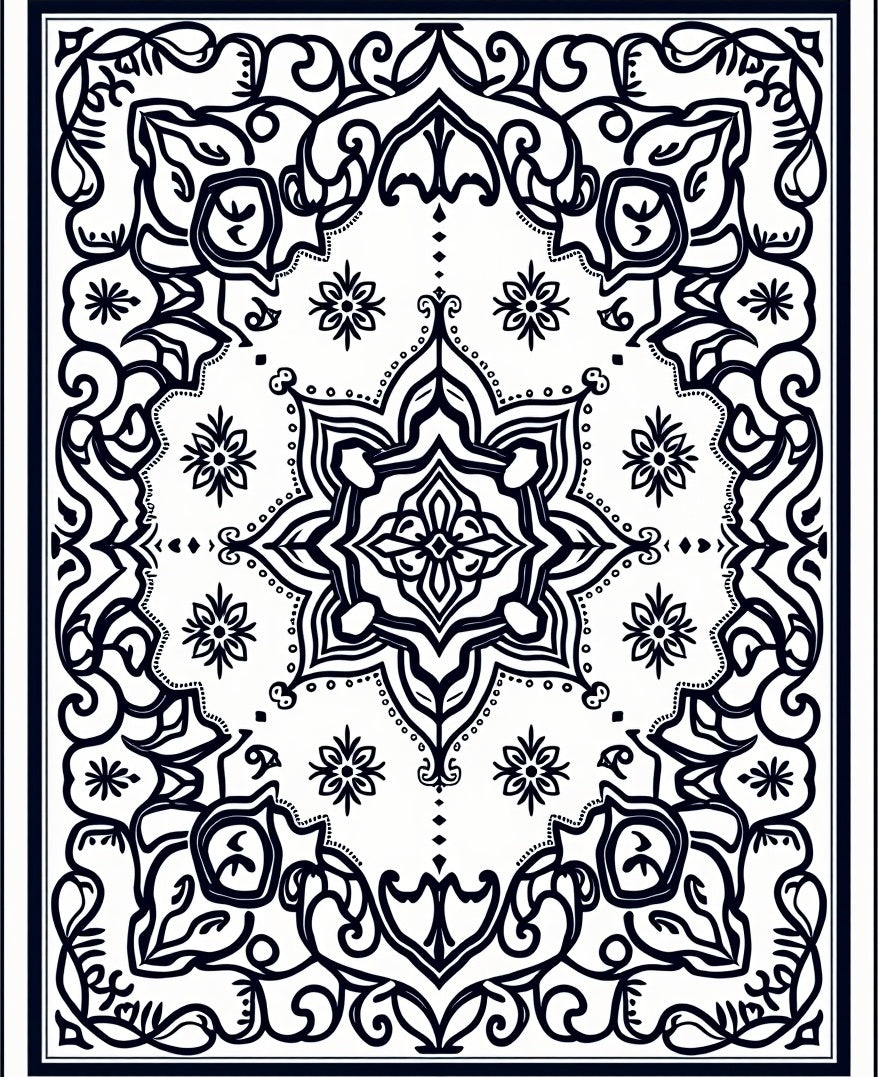 Intricate Black Floral Mandala Design Rug
