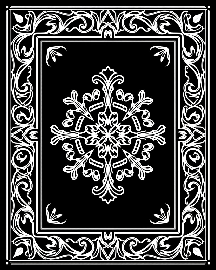Ornate Floral Border Black White Rug
