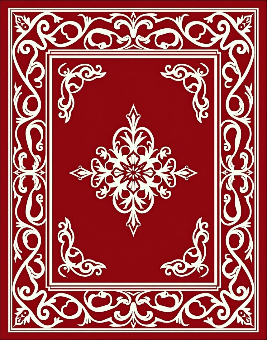 Classic Red White Scrollwork Design Rug