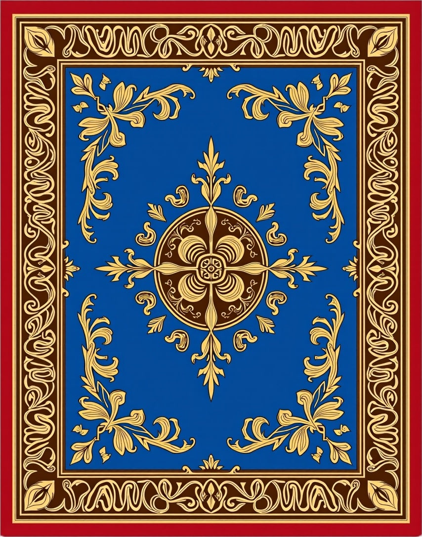 Ornate Blue Gold Floral Border Rug