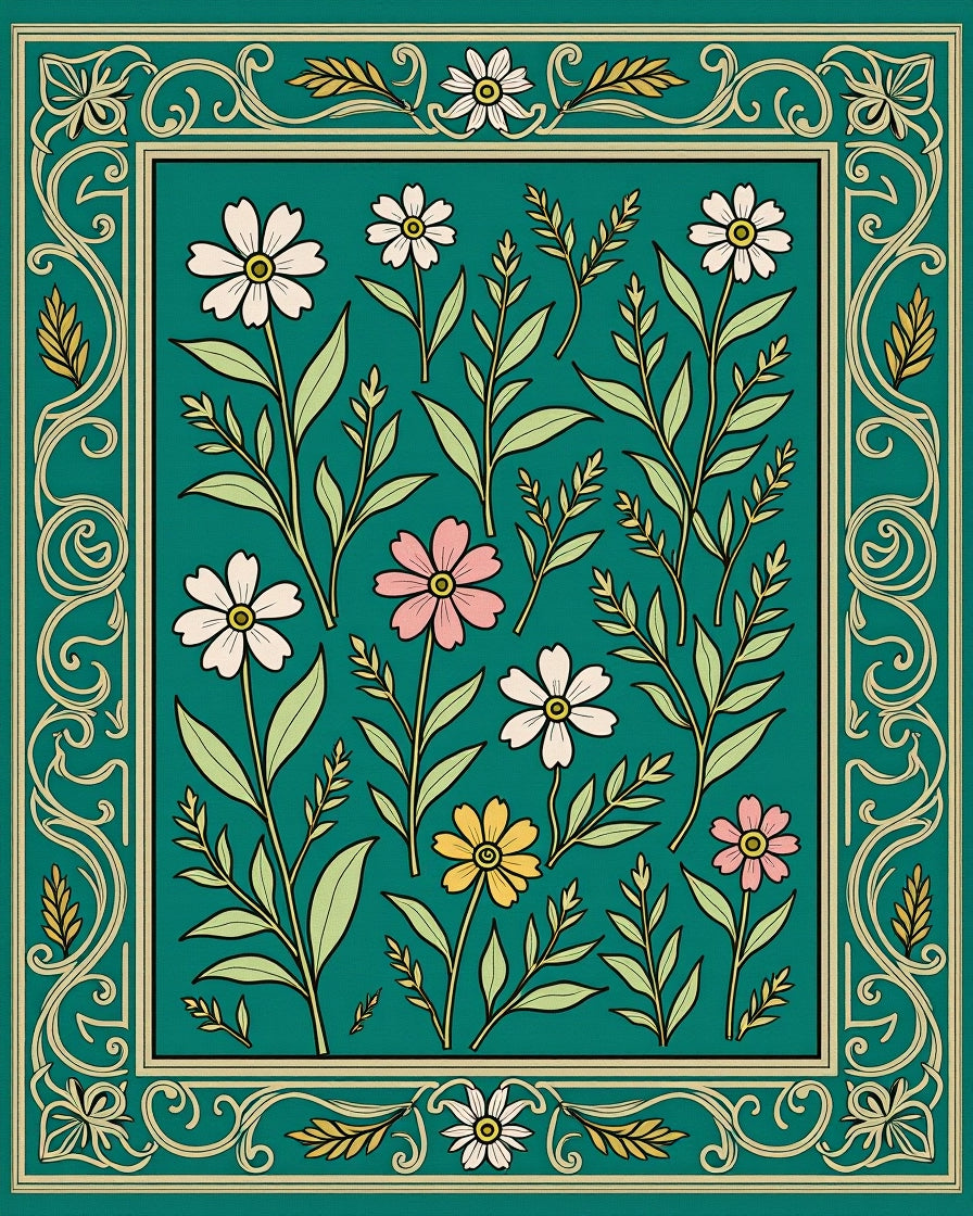 Floral Meadow With Ornate Border Rug