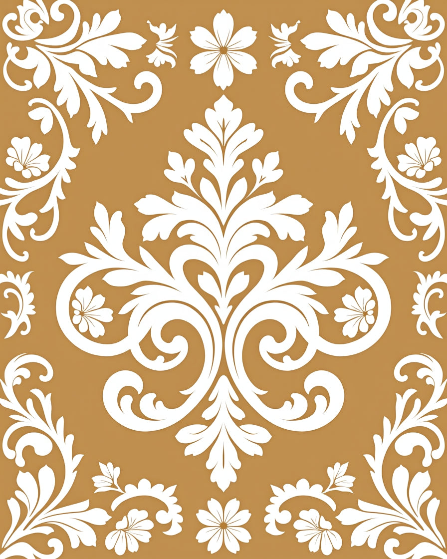 Ornate White Floral Damask Pattern Rug