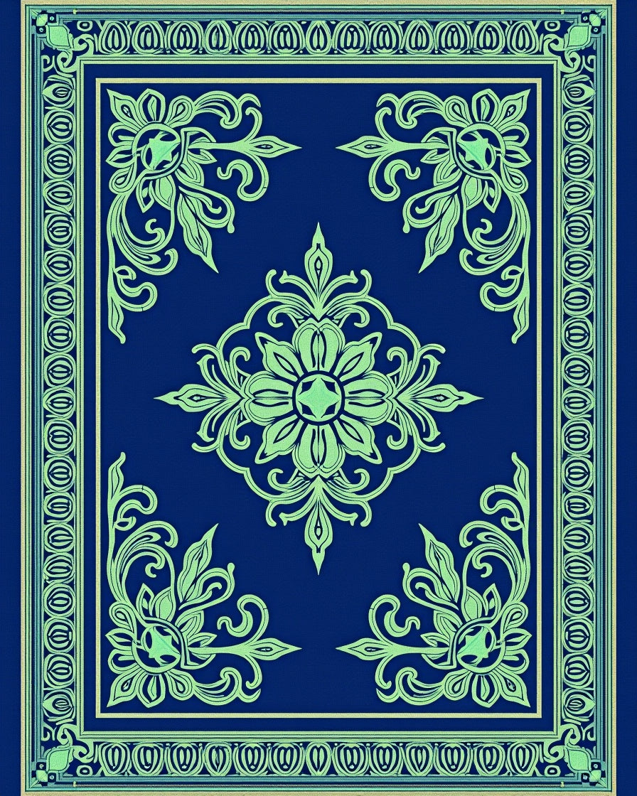 Royal Blue Light Green Floral Border Rug