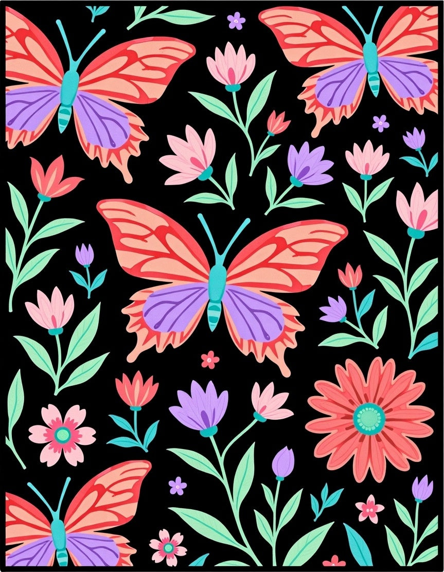 Vibrant Butterfly and Floral Pattern Rug