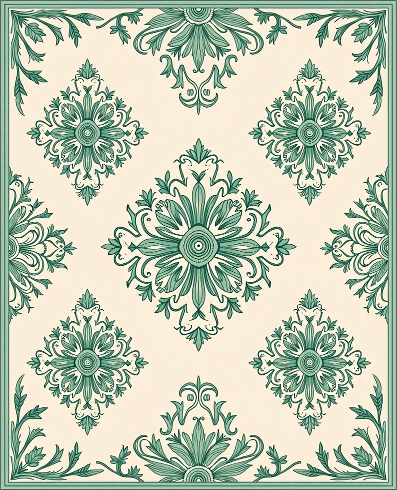 Green Floral Damask Pattern Rug