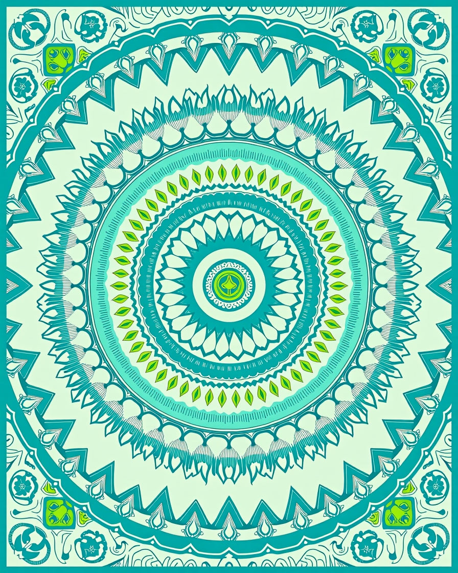 Green Teal Abstract Mandala Design Rug