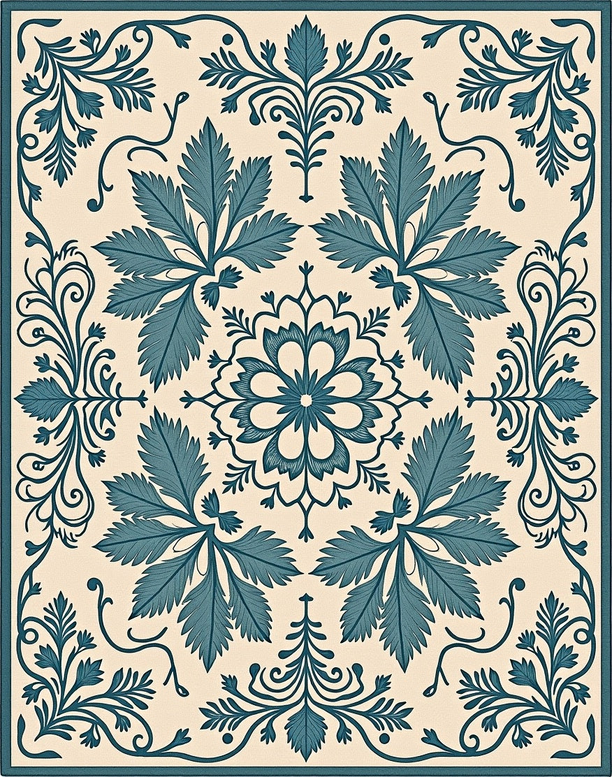 Teal Floral Motif Classic Design Rug