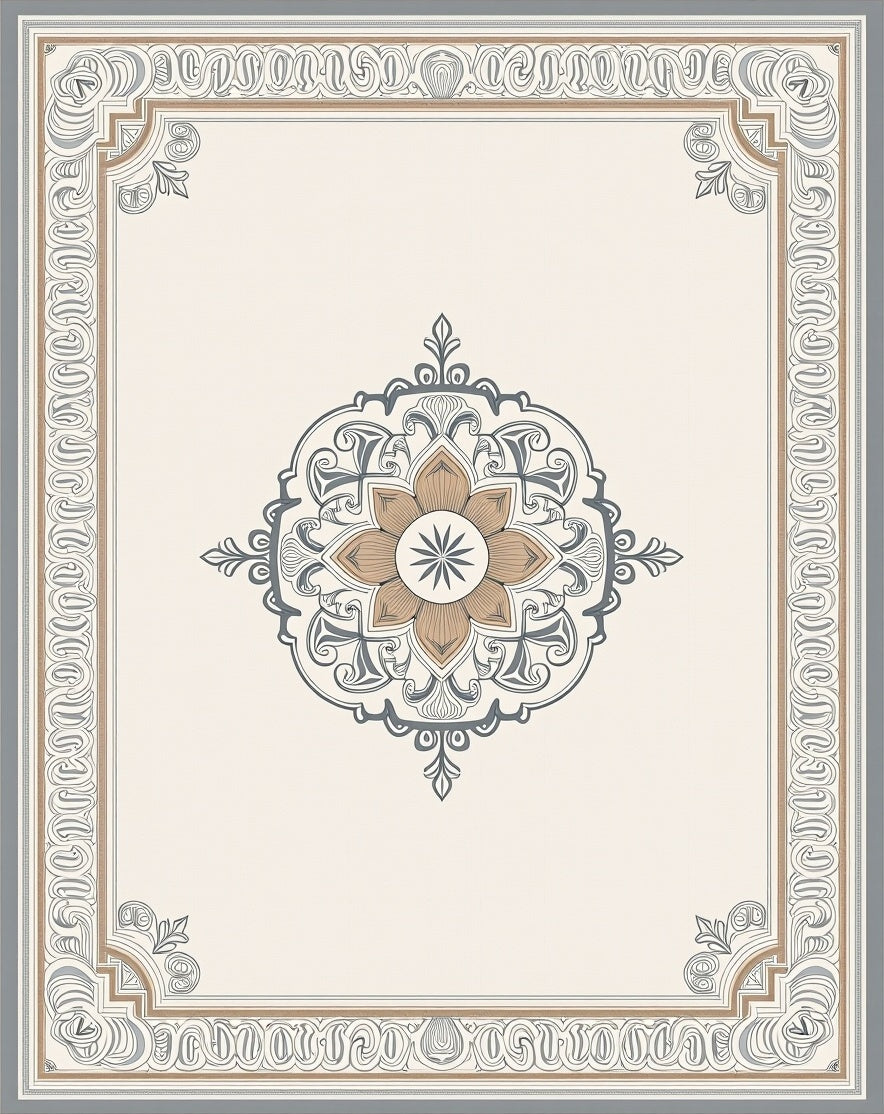Ornate Mandala With Geometric Border Design Rug
