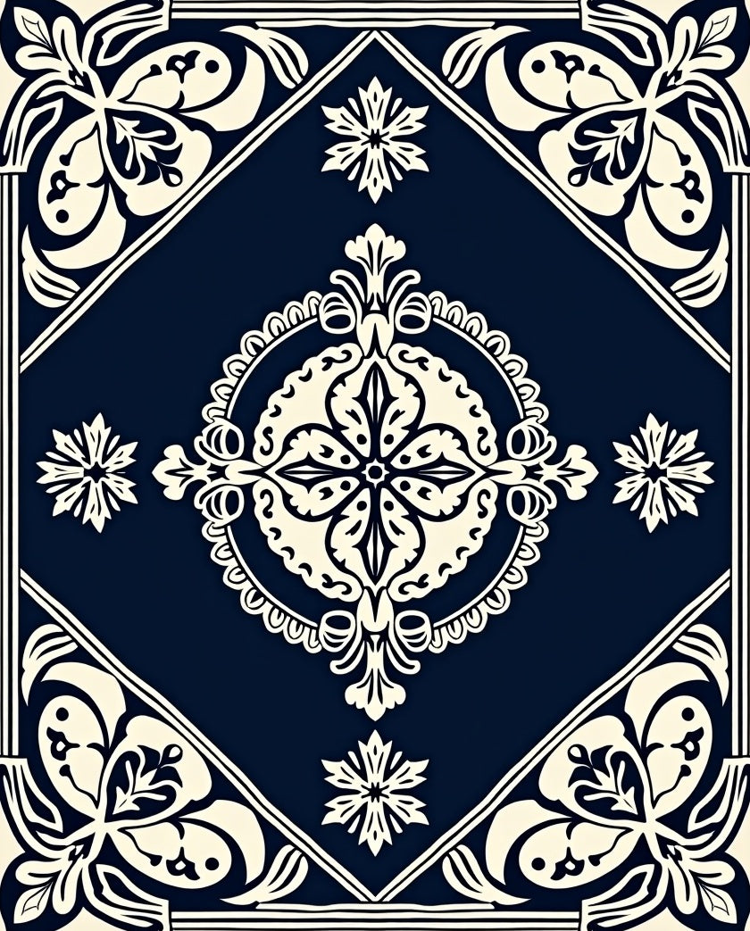 Classic Floral Medallion Dark Blue Cream Rug