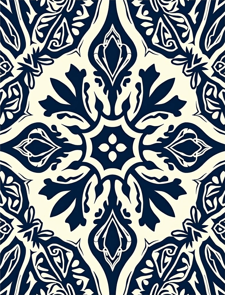 Deep Blue And Cream Intricate Floral Pattern Rug
