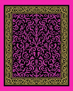 Vibrant Pink Gold Scrollwork Design Rug