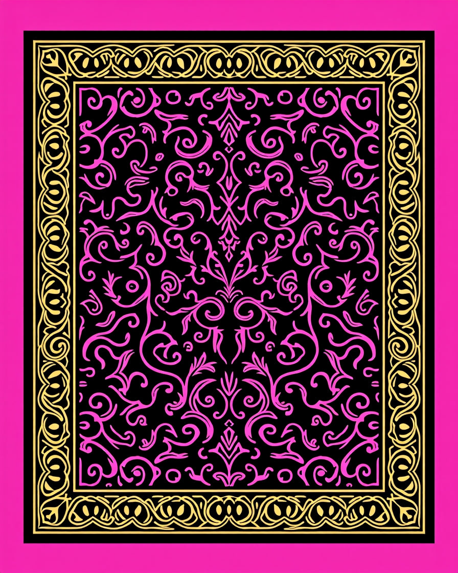 Vibrant Pink Gold Scrollwork Design Rug