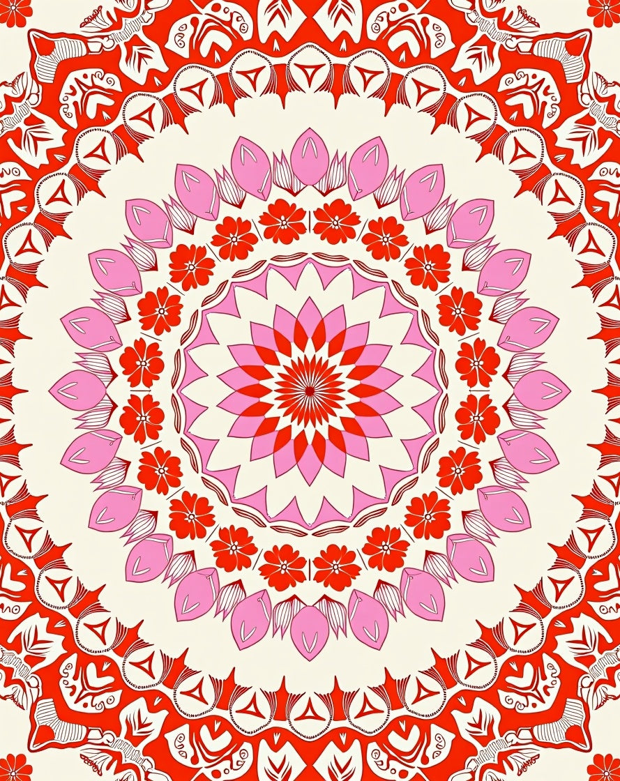 Vibrant Red Pink Floral Mandala Design Rug